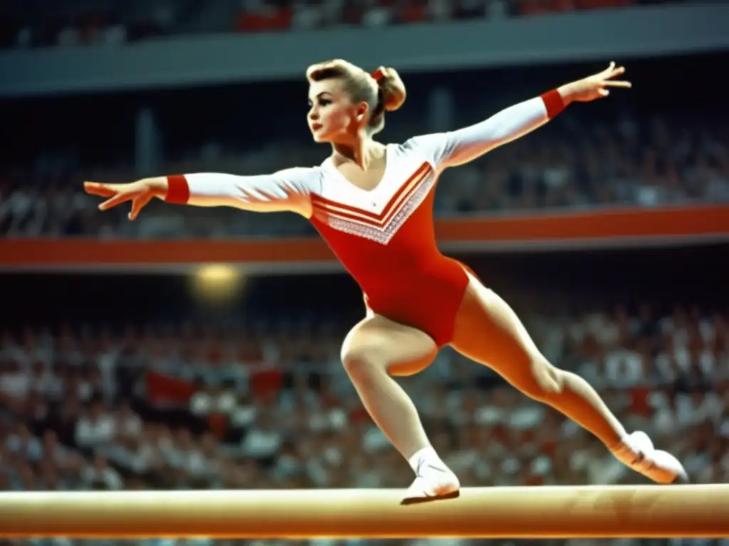 En la histórica actuación de Larisa Latynina, la gimnasta soviética deslumbra en su rutina de equilibrio en los Juegos Olímpicos de Melbourne 1956
