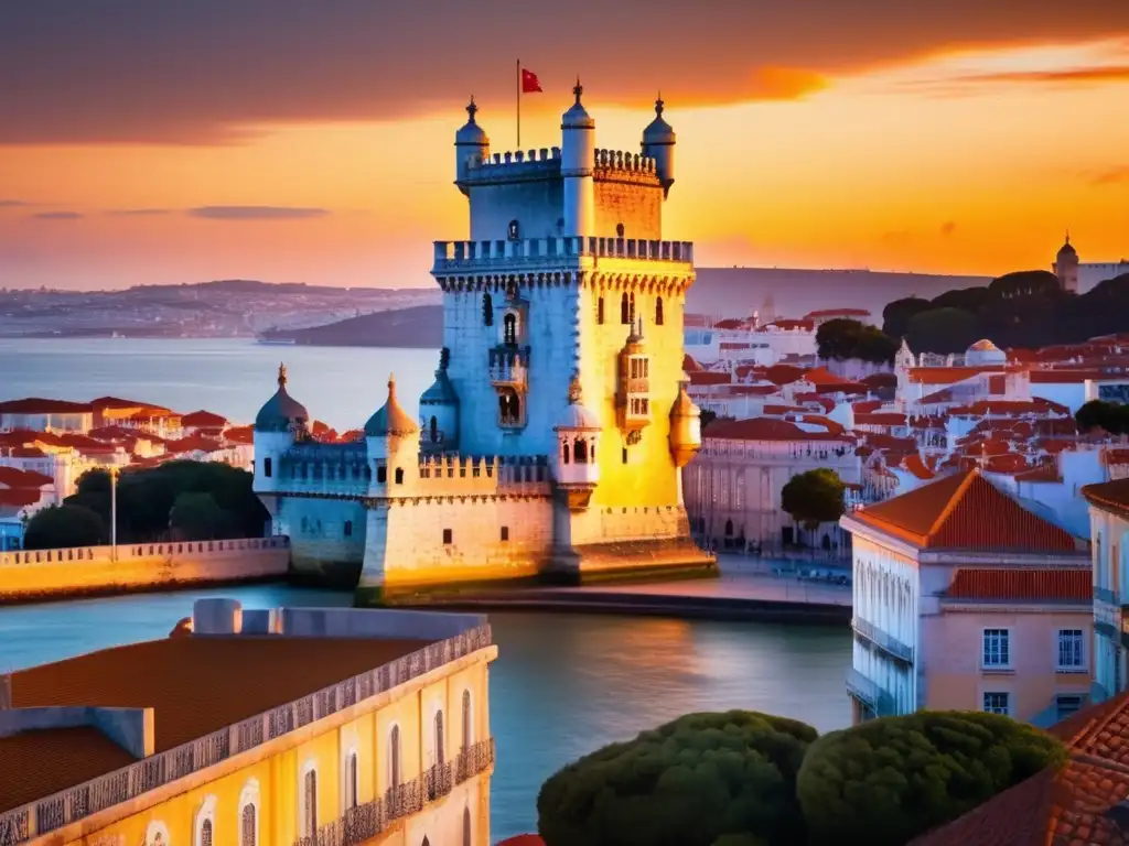 La histórica Torre de Belém en Lisboa, Portugal, destaca contra un atardecer vibrante