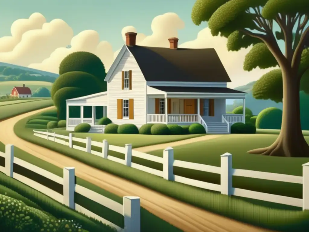 Un hogar rural encantador rodeado de colinas verdes, influencia del realismo mágico en la vida y arte de Grant Wood