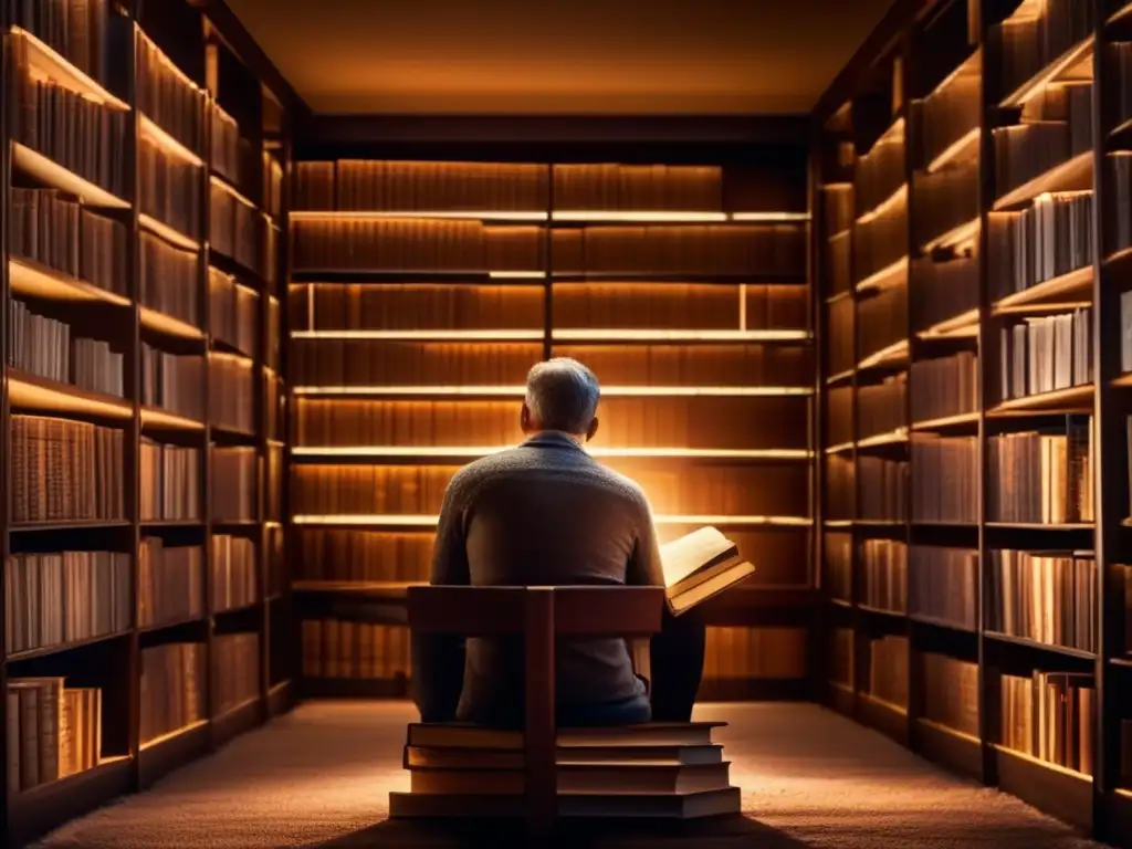 Un hombre reflexivo inmerso en una biblioteca iluminada por tenues rayos de luz