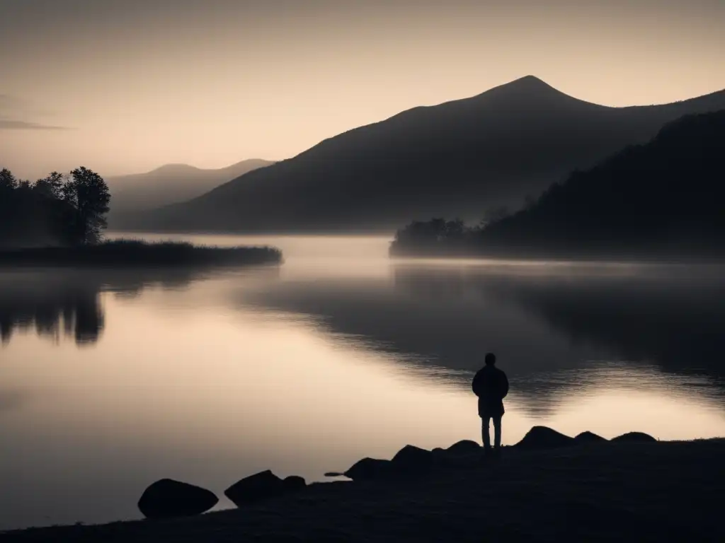 Un hombre solitario contempla en silencio la trascendencia en el borde de un lago tranquilo y brumoso al atardecer