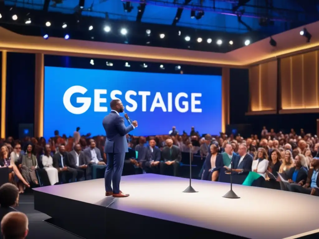 Un hombre en traje habla apasionadamente en un escenario brillantemente iluminado, frente a una audiencia comprometida