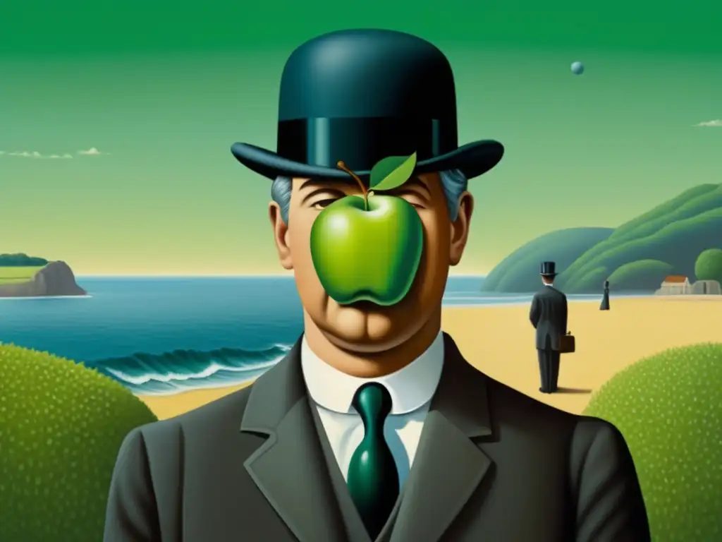 Un hombre de traje y sombrero de copa frente a un paisaje marino, con una manzana verde flotando frente a su rostro