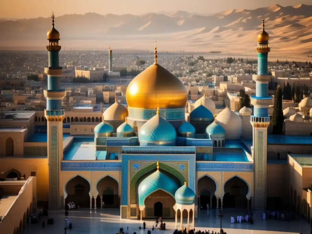 Esplendor dorado: La Mezquita Grand de Qom, Irán Durante la hora dorada, la mezquita Grand Mosque en Qom, Irán, muestra su impresionante mosaico azul