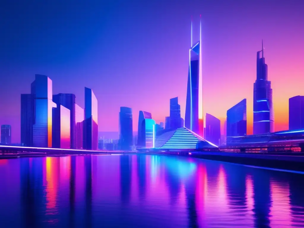 Un horizonte futurista de la ciudad al anochecer, con rascacielos iluminados por luces de neón, reflejándose en las aguas tranquilas de un río