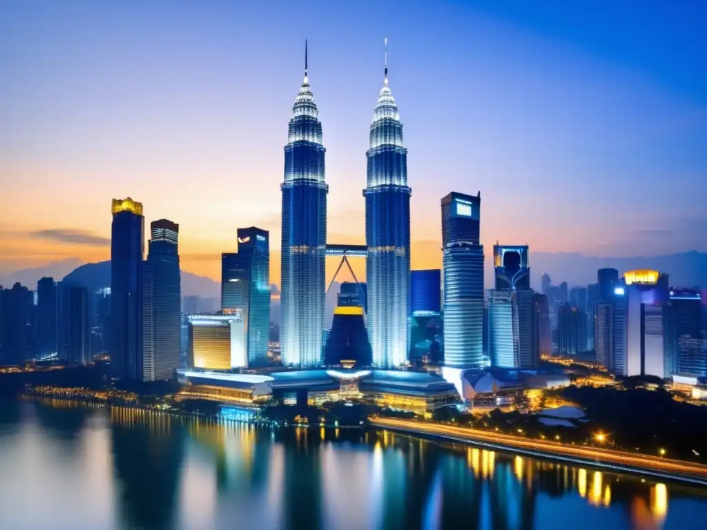 El horizonte de Kuala Lumpur destaca líderes económicos en Malasia, con las icónicas Torres Petronas brillando contra el cielo azul profundo