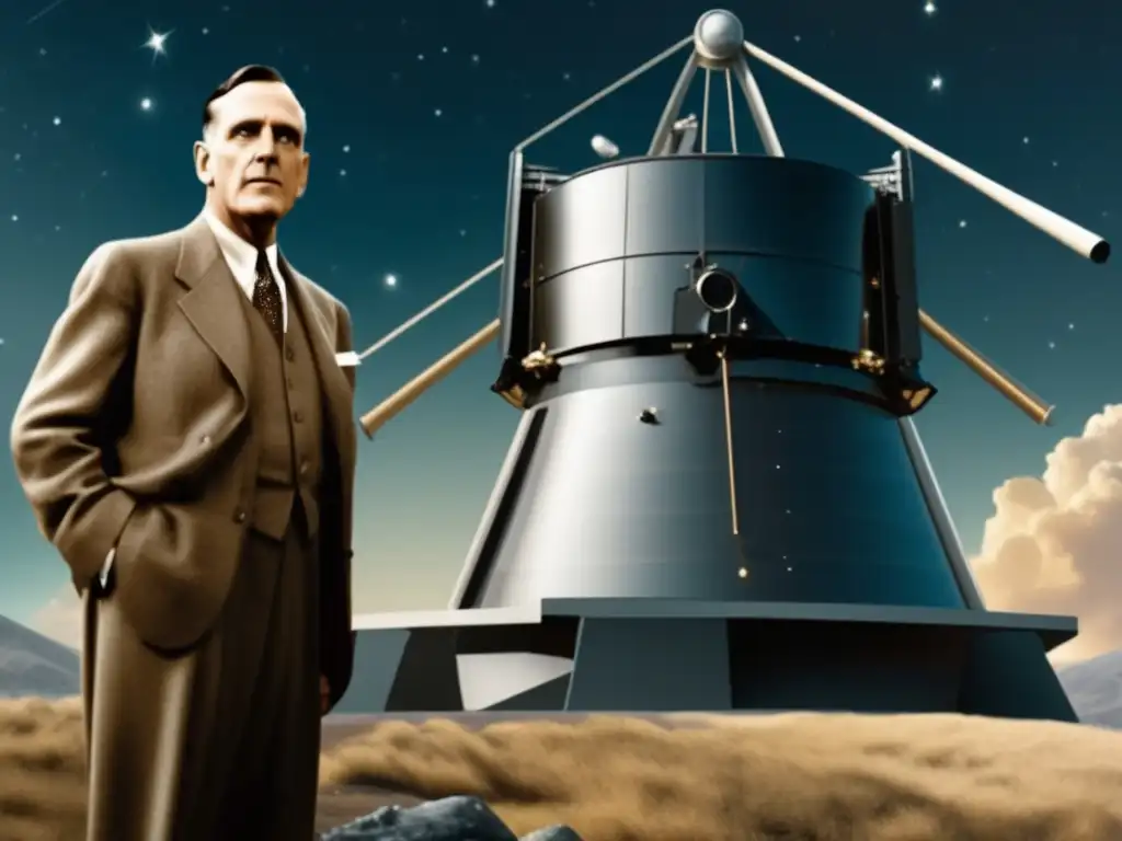 Edwin Hubble maravillado junto al Telescopio Hubble, observando el cosmos