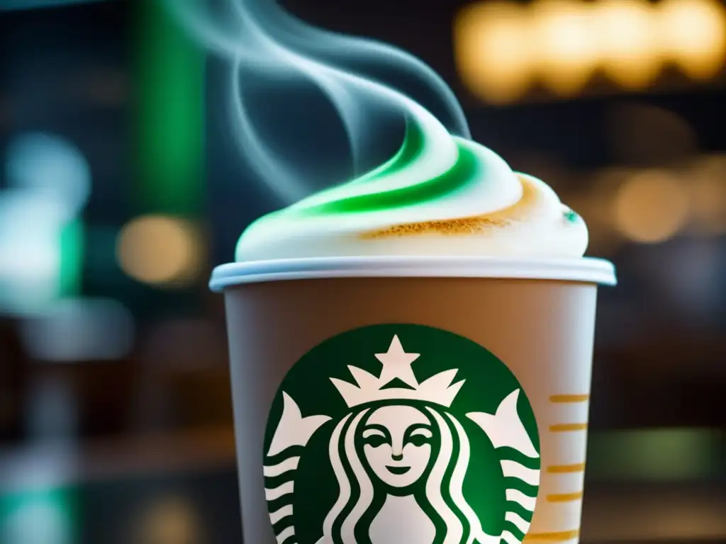 Un café Starbucks humeante con el logo verde en primer plano, contrastando con el animado ambiente cosmopolita de una cafetería