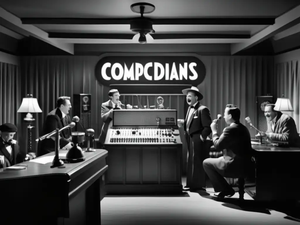 Humoristas de la radio históricos disfrutan actuando en un estudio de radio vintage en una fotografía en blanco y negro