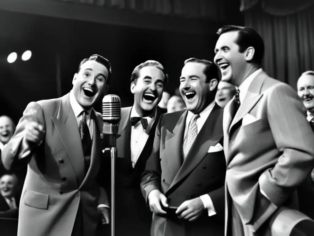 Humoristas de la radio históricos compartiendo risas en actuación en vivo, capturando la nostalgia y camaradería del entretenimiento radiofónico