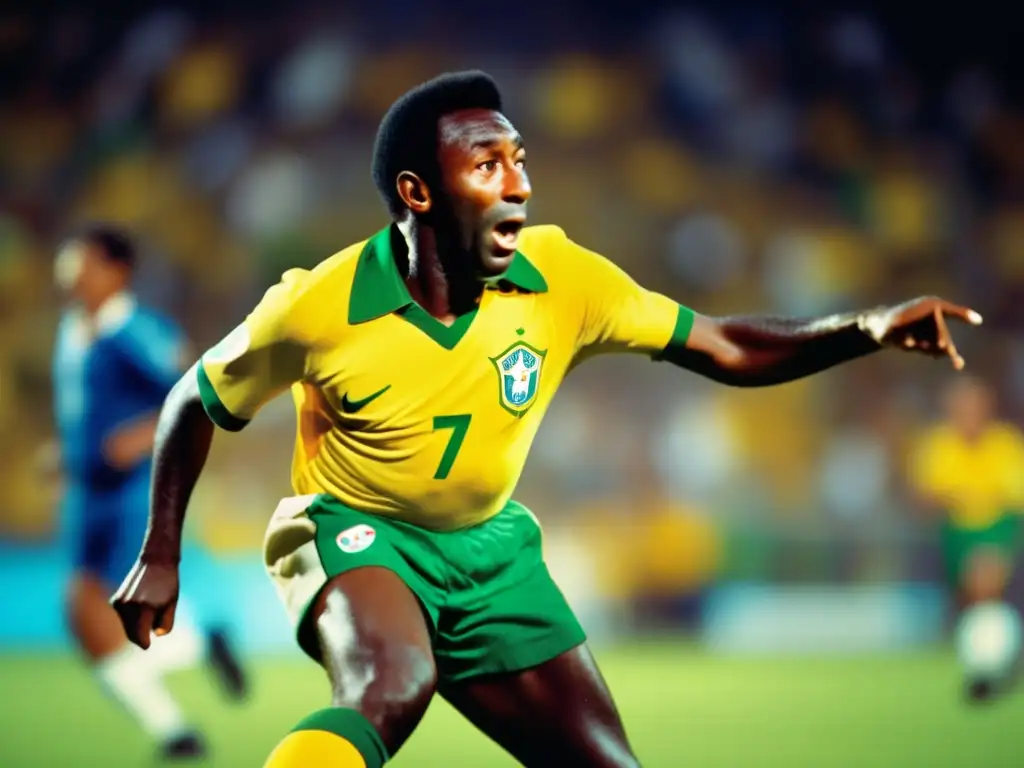 Fotografía de alta resolución de Pelé en su icónica camiseta amarilla y verde de la selección brasileña, destacando la intensidad y concentración en sus ojos mientras golpea el balón, con la multitud borrosa en el fondo, resaltando la atmósfera eléctrica del juego