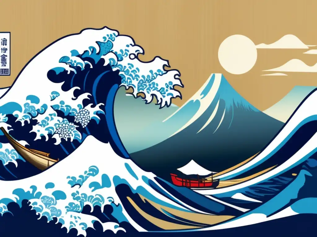 La icónica obra 'La gran ola de Kanagawa' de Katsushika Hokusai, Japón, con detalles vívidos y líneas nítidas