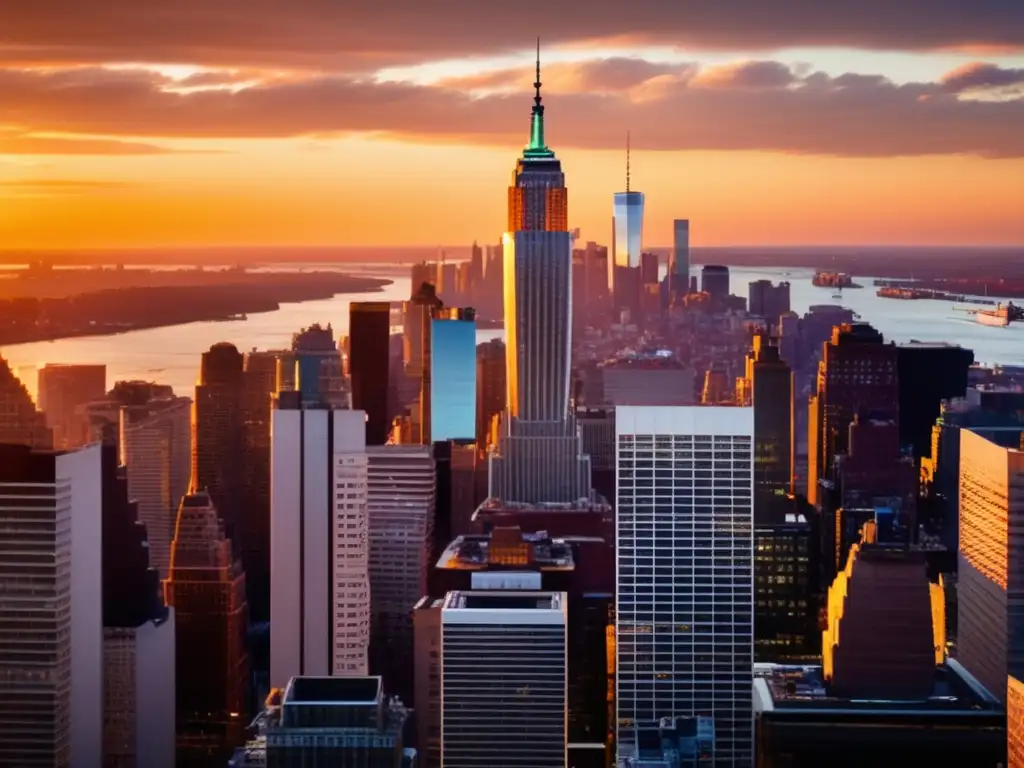 La icónica Torre Goldman Sachs destaca entre el resplandor de los rascacielos de Nueva York al atardecer, reflejando en el río Hudson