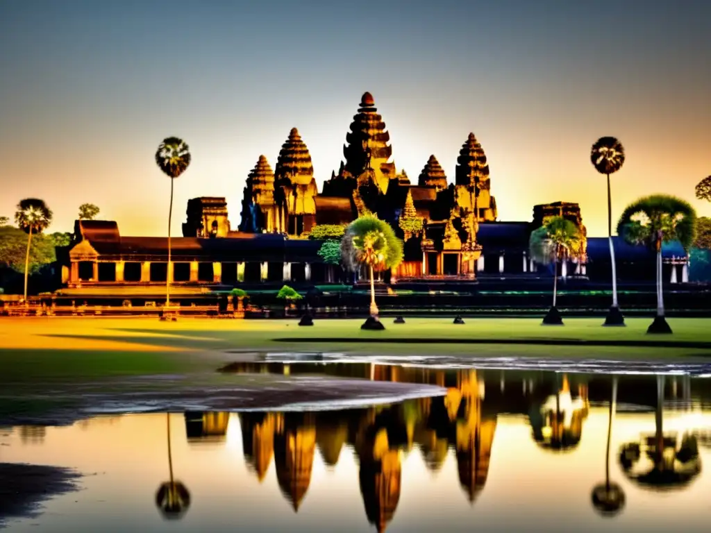 El icónico amanecer en Angkor Wat, reflejando en el agua y mostrando la historia completa del Imperio Jemer