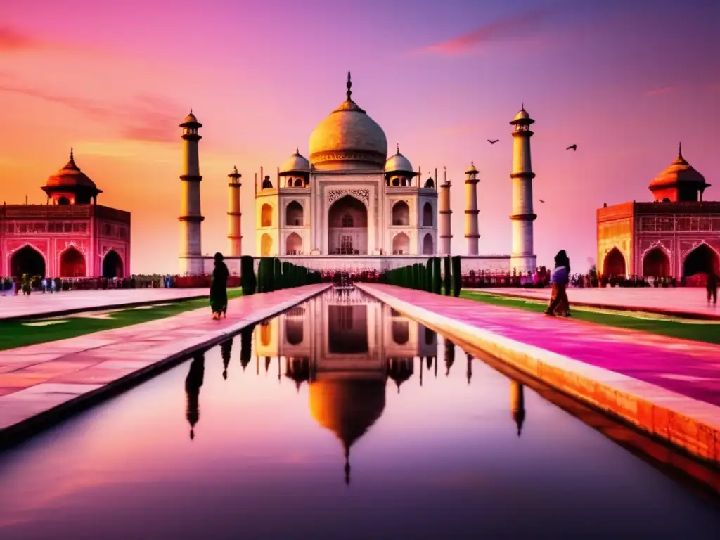 El icónico Taj Mahal al atardecer, con tonos rosados y anaranjados que reflejan en su fachada, creando una atmósfera serena y vibrante