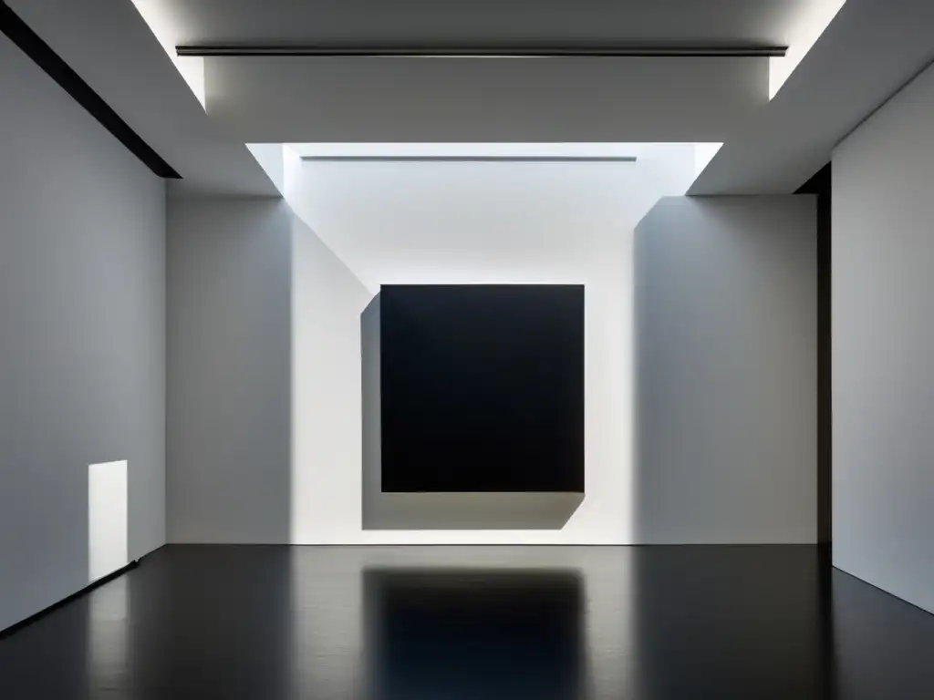 Una fotografía de alta resolución del icónico cuadro 'Cuadrado Negro' de Kazimir Malevich en una galería de arte moderno, con iluminación dramática que crea impactantes sombras y reflejos en el lienzo