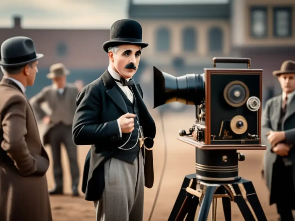 Charlie Chaplin, icónico director, se prepara para su próxima obra maestra en un bullicioso set de filmación