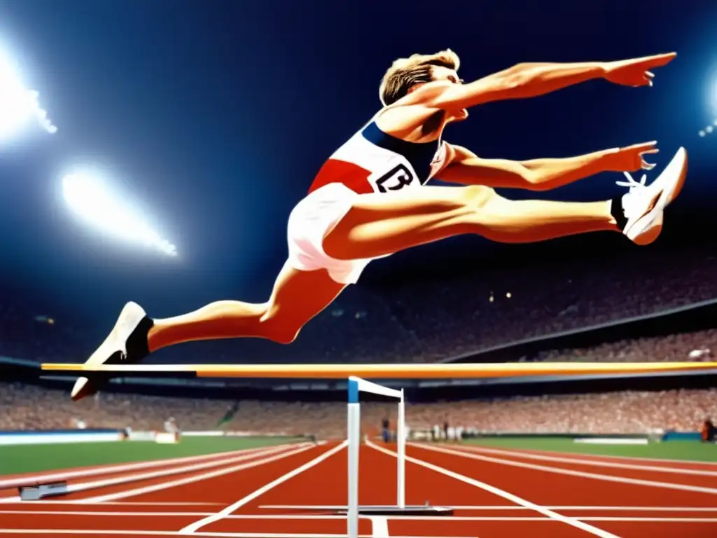 Dick Fosbury ejecuta el icónico salto Fosbury Flop en un evento de atletismo, con dramática iluminación y un estadio lleno