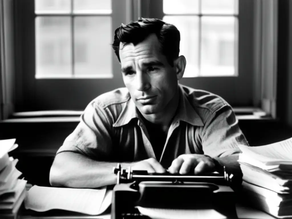 Jack Kerouac, ícono de la literatura, en su proceso creativo rodeado de libros y hojas arrugadas