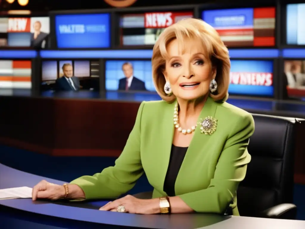 Barbara Walters, ícono del periodismo televisivo, irradia confianza y autoridad en su escritorio rodeada de monitores de noticias