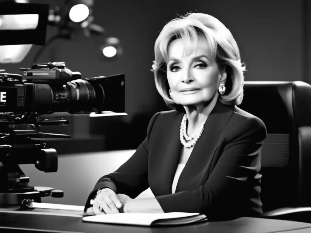 Barbara Walters, ícono del periodismo televisivo, irradiando confianza en un set de noticias
