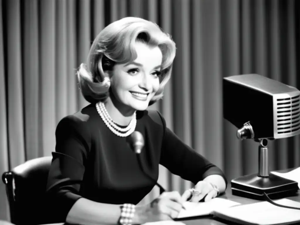 Barbara Walters, ícono del periodismo televisivo, sonríe con determinación mientras lee un guion rodeada de micrófonos y una televisión vintage