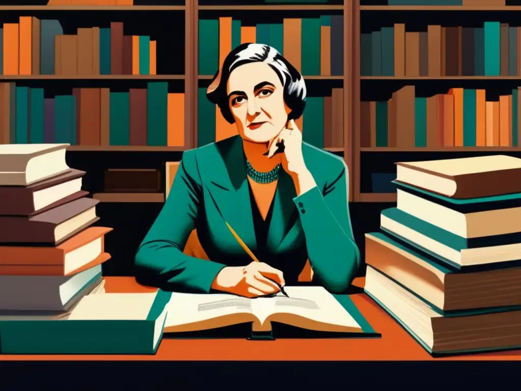 Ayn Rand, pensando en sus ideas filosóficas del Objetivismo, rodeada de libros y papeles en un entorno moderno y sofisticado