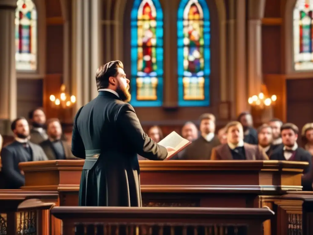 En la iglesia, el joven Charles Spurgeon predica con pasión ante una audiencia cautivada, reflejando su legado bautista