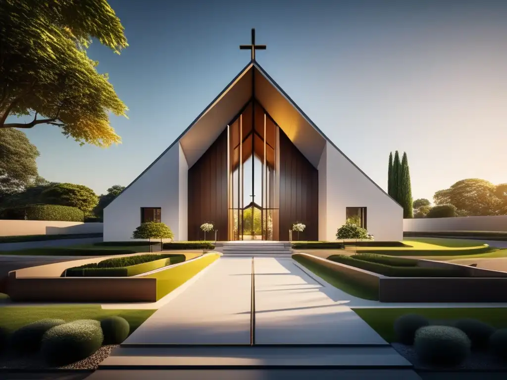 Ultramoderna iglesia bañada en luz dorada- Una iglesia moderna bañada en cálida luz dorada, con líneas arquitectónicas elegantes y un diseño contemporáneo