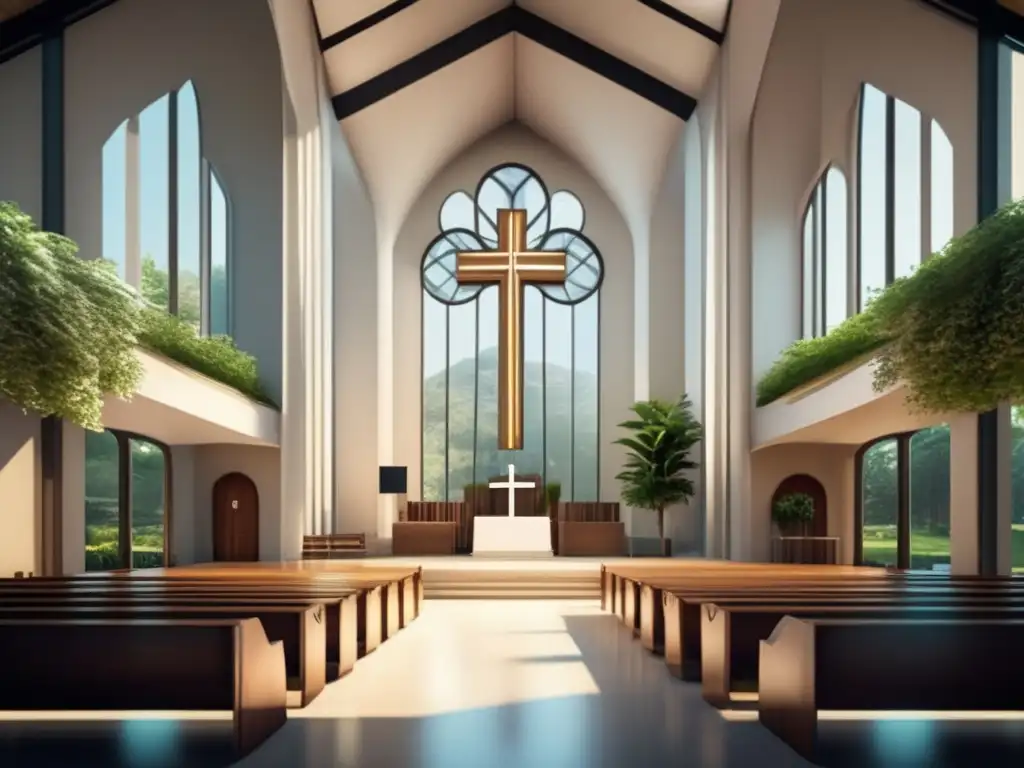 Una iglesia moderna de Ciencia Cristiana Mary Baker Eddy, con líneas limpias y mucha luz natural, rodeada de exuberante vegetación