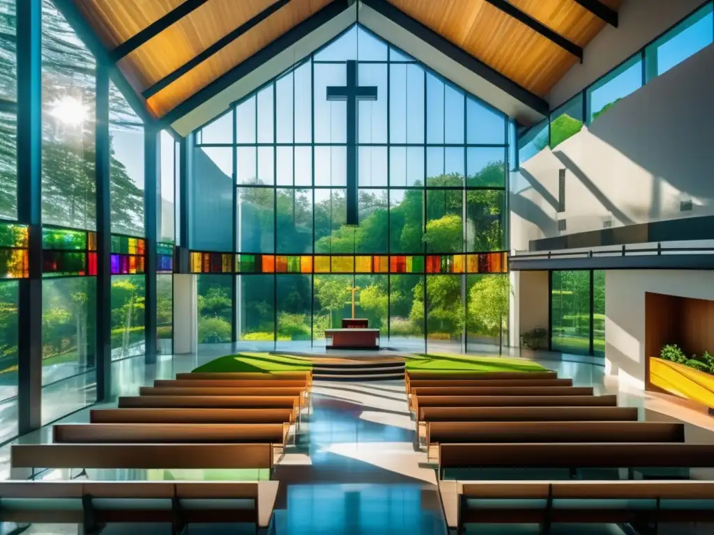 Majestuosa iglesia moderna: luz, color y serenidad Una iglesia moderna rodeada de vegetación, con luz solar filtrándose a través de vitrales