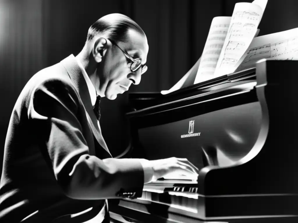 Igor Stravinsky concentrado en su piano, en un ambiente tenue