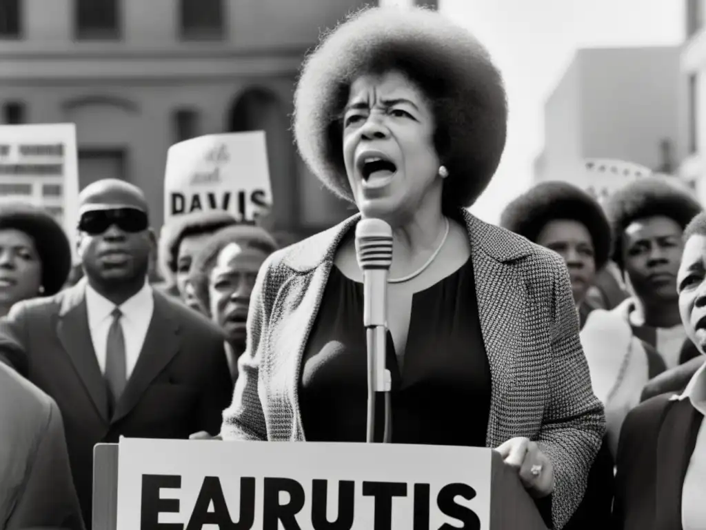 Angela Davis impacto lucha igualdad: Fotografía en blanco y negro de Angela Davis en un mitin por los derechos civiles, levantando el puño con determinación mientras habla, rodeada de partidarios con pancartas a favor de la igualdad racial