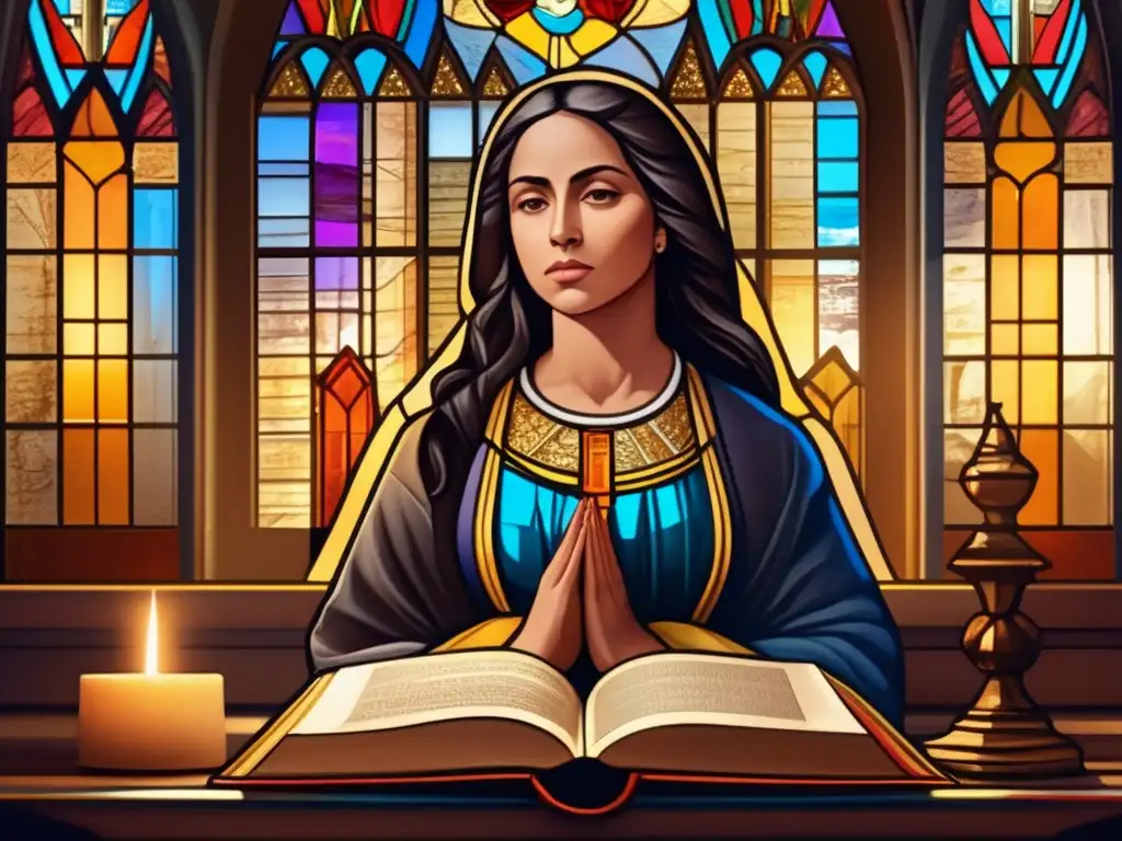 Teresa de Ávila en luz dorada: arte digital de alta resolución Teresa de Ávila en contemplación, iluminada por luz dorada y rodeada de libros y pergaminos, simbolizando su influencia religiosa y legado