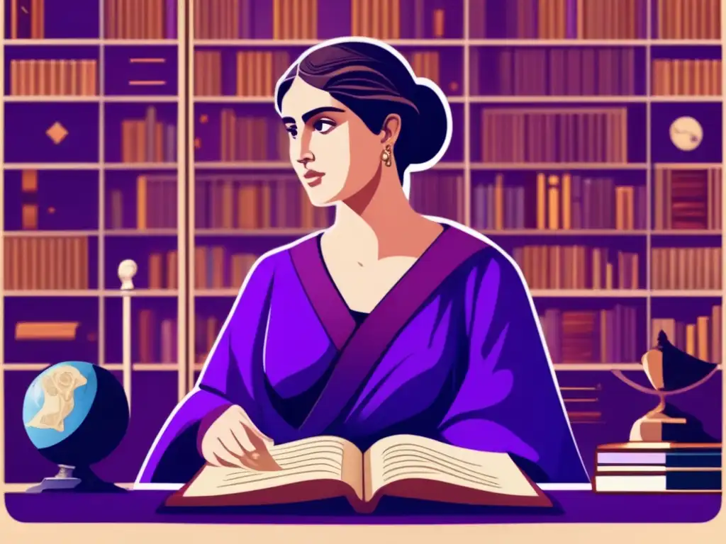 Una ilustración detallada de Hypatia de Alejandría, destacada matemática, astrónoma y filósofa de la antigua Grecia
