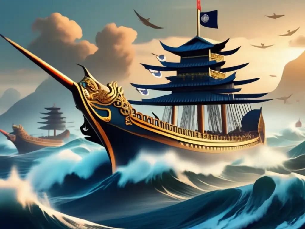 Admirable ilustración 8k de Admiral Yi Sunsin y sus navíos tortuga en épica batalla naval Una ilustración detallada en 8k del Almirante Yi Sunsin comandando sus barcos tortuga en una dramática batalla naval