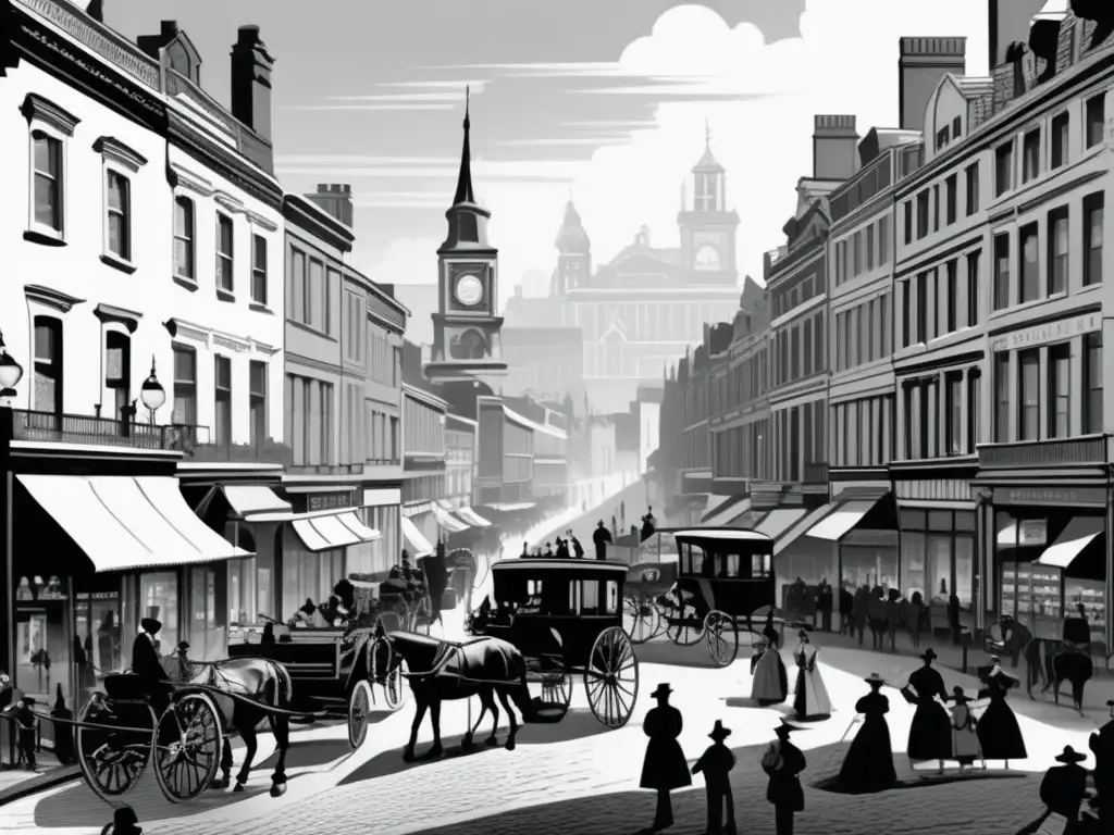 En una ilustración detallada de una bulliciosa calle victoriana, se ven carruajes, faroles de gas y personas vestidas de la época