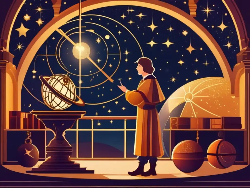 En una ilustración detallada, Copérnico contempla el cielo estrellado en un observatorio renacentista