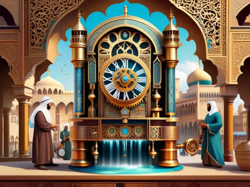 Una ilustración detallada del famoso reloj de agua automatizado de AlJazari, con complejos mecanismos de engranajes, palancas y flujo de agua, en un bullicioso mercado islámico medieval