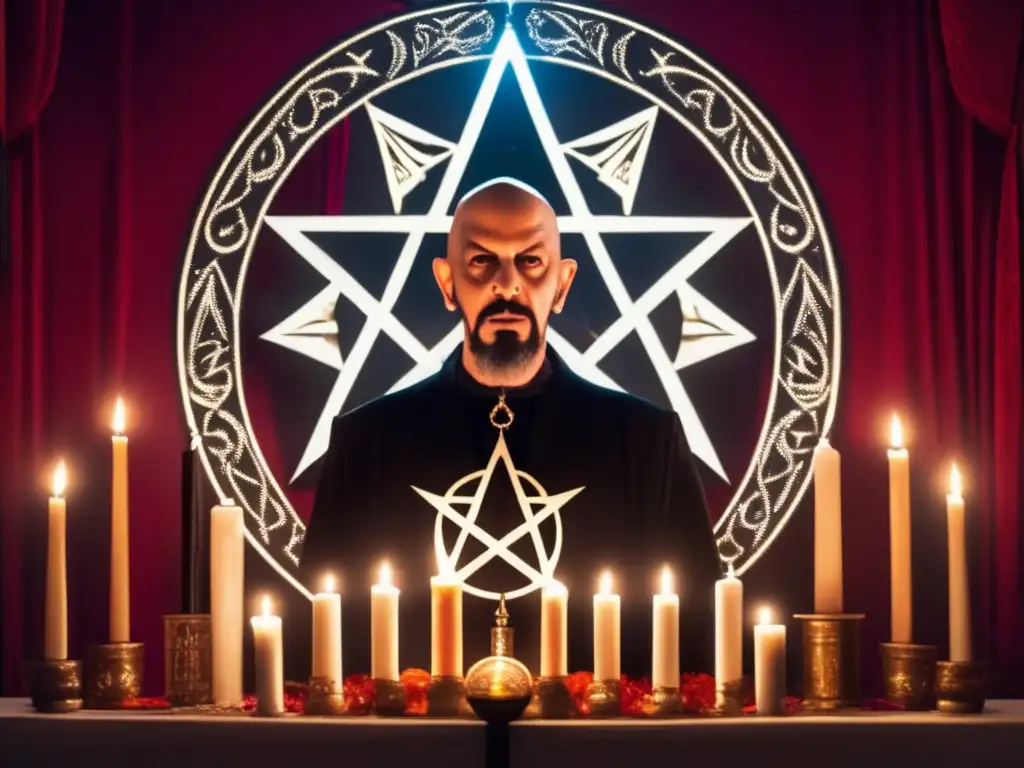 LaVey en el altar: Imagen impactante de Anton LaVey en ritual satánico Una ilustración detallada de Anton LaVey frente al símbolo invertido del pentagrama, rodeado de velas parpadeantes y vestido con atuendo ritual