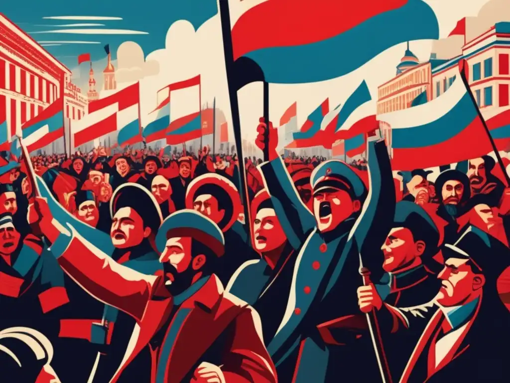 Una ilustración detallada y moderna de la caótica Revolución Rusa, con multitudes marchando, ondeando banderas y debatiendo intensamente
