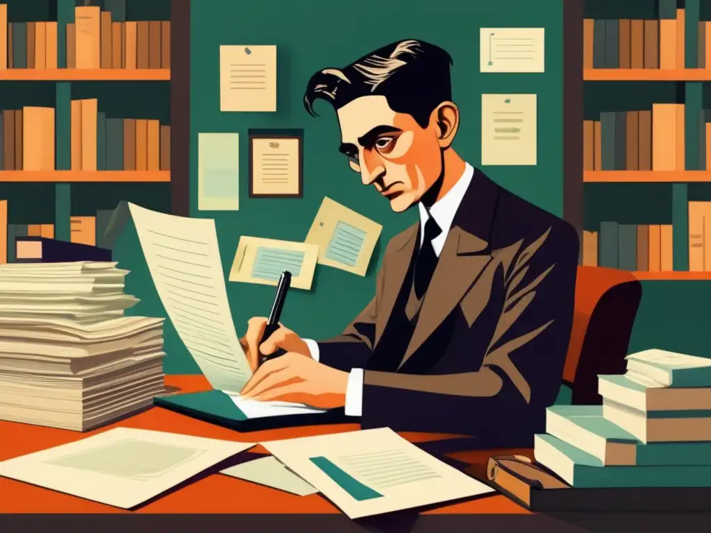 Una ilustración detallada y moderna de Franz Kafka en su escritorio, rodeado de papeleo y documentos burocráticos