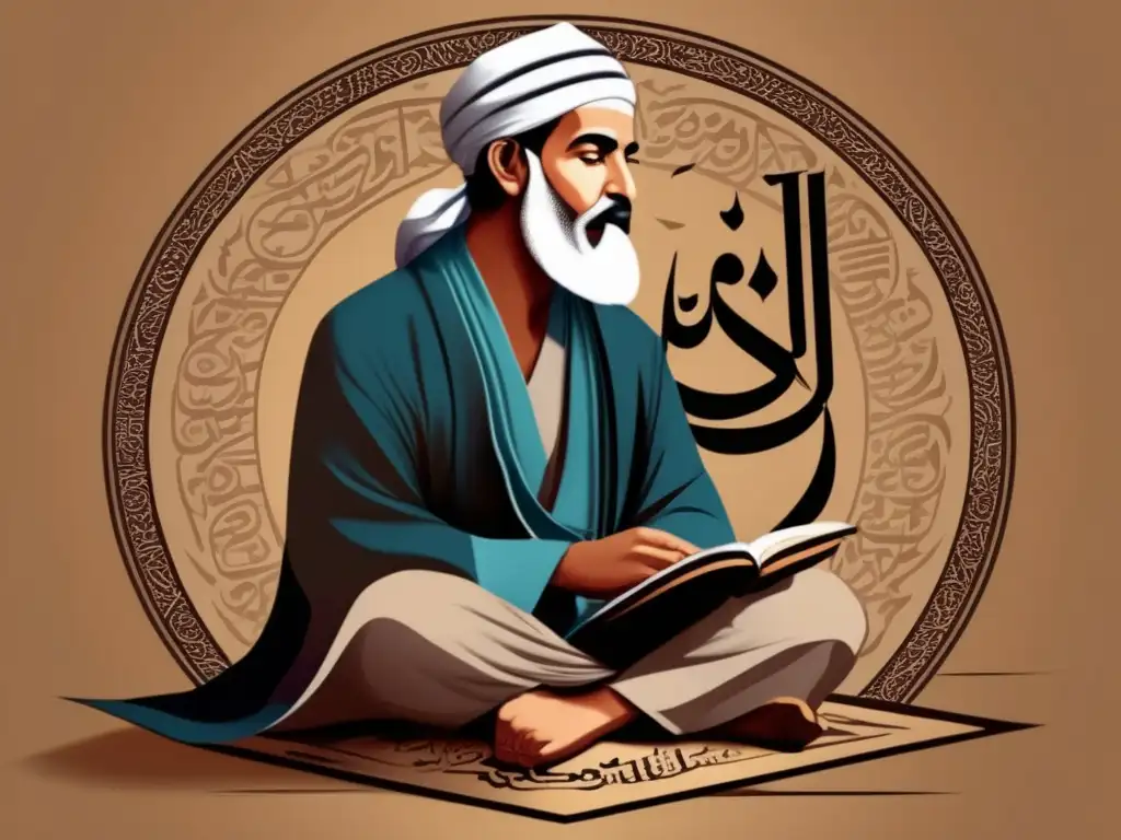 Una ilustración detallada y moderna del filósofo y escritor Ibn Tufail en una pose contemplativa, rodeado de caligrafía árabe y símbolos filosóficos