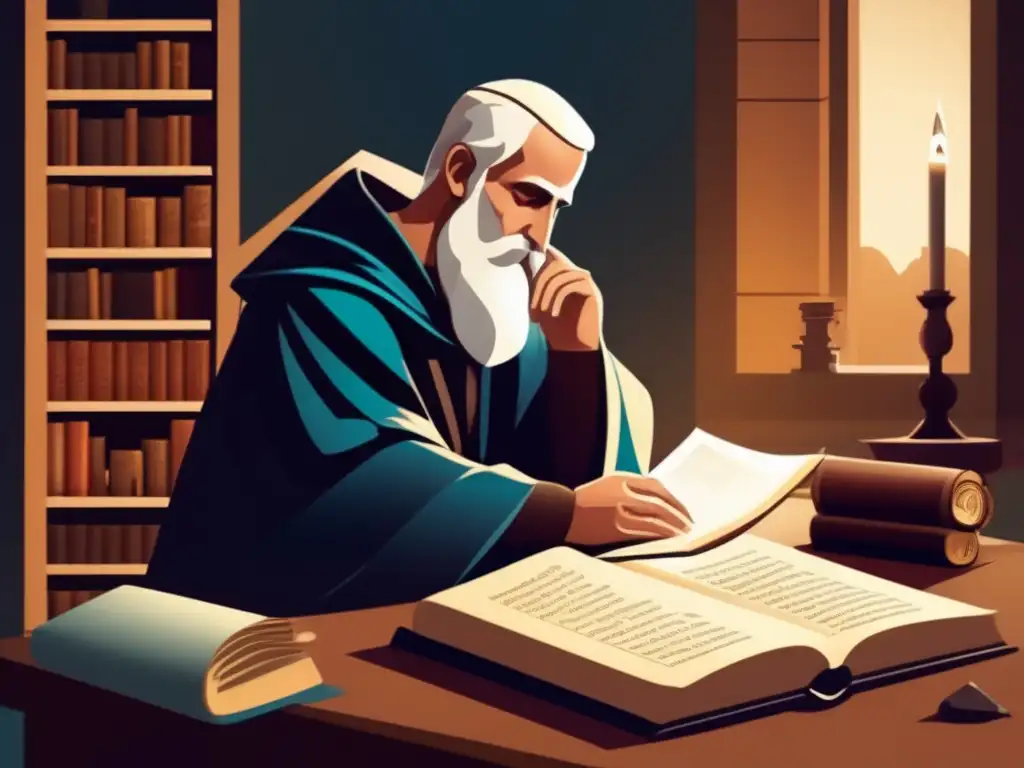 Una ilustración detallada y moderna de Orígenes, teólogo del cristianismo primitivo, reflexionando sobre la verdad y la herejía en su escritorio