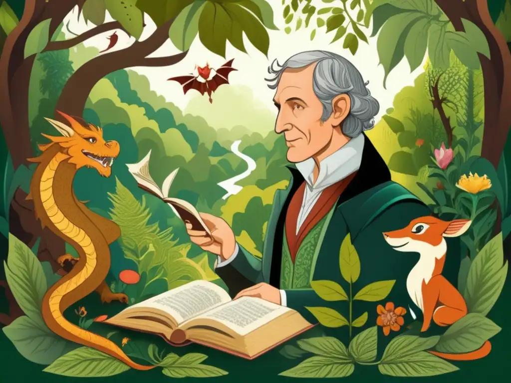 Una ilustración detallada y moderna de Jacob Grimm rodeado de criaturas mitológicas y legendarias alemanas en un bosque místico