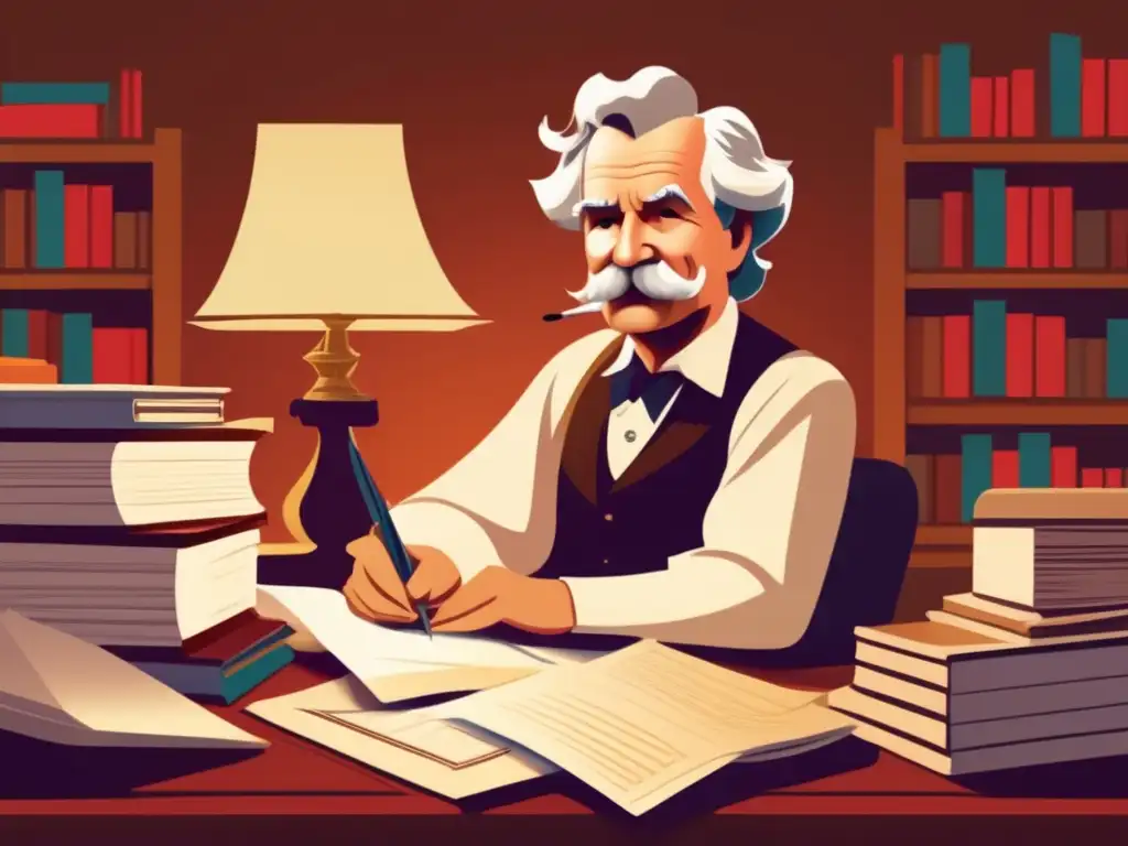 En esta ilustración detallada y moderna, Mark Twain está sentado en su escritorio rodeado de papeles y libros