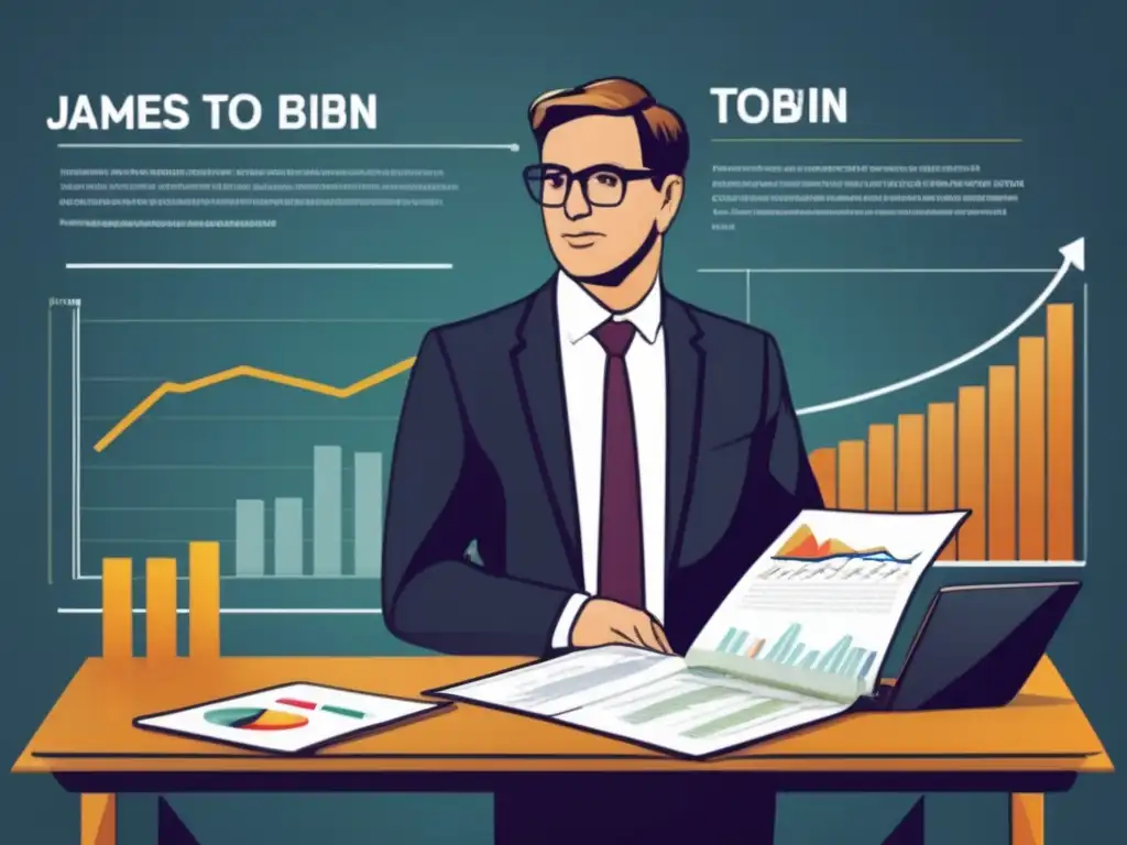 En una ilustración detallada y moderna, James Tobin presenta su teoría económica en un entorno profesional, con gráficos y tablas que representan su aplicación en las políticas monetarias y fiscales actuales