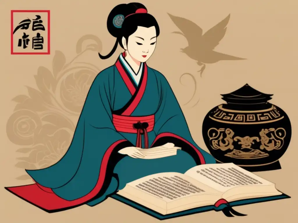 Una ilustración detallada de Ban Zhao, pionera feminista y erudita de la antigua dinastía Han, rodeada de pergaminos y libros antiguos