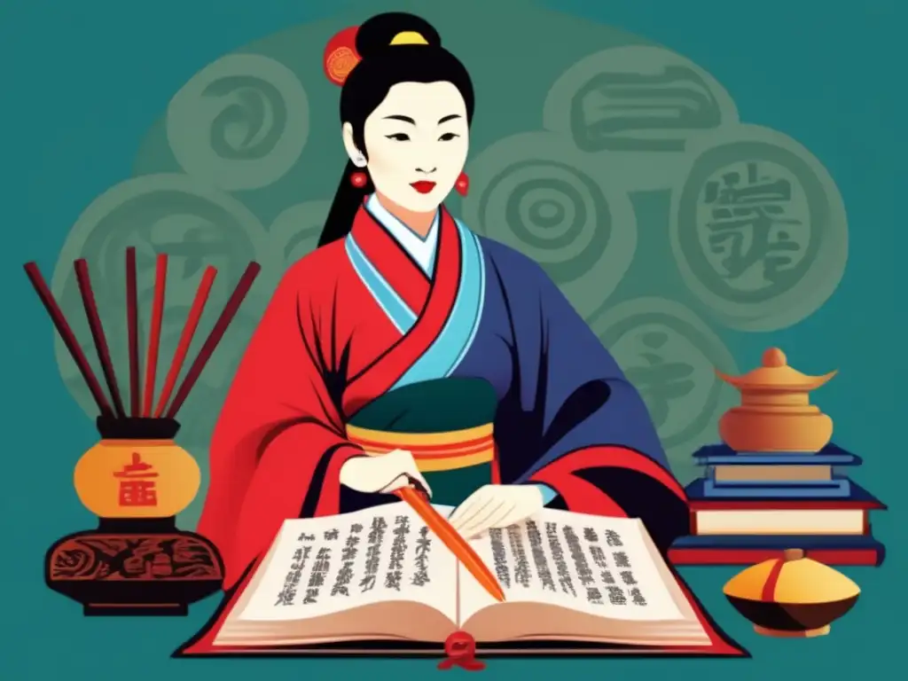 Una ilustración detallada de Ban Zhao, pionera feminista y erudita de la antigua dinastía Han, rodeada de pergaminos y útiles de escritura