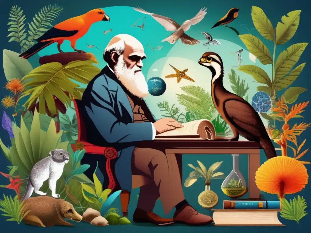 Una ilustración detallada de Charles Darwin rodeado de especies naturales y plantas, con diagramas científicos de fondo